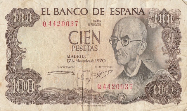 BANKNOTE EL BANCO DE SPAIN 100 CIEN PESETAS 1970 Q4420037 Free Shipping