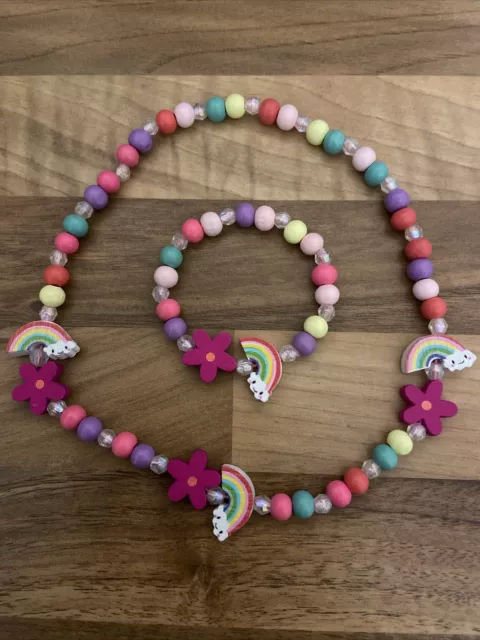 Little Girls Wooden Rainbow Necklace and Bracelet Set Stretchy Jewellery Gift