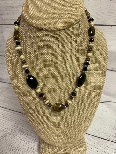 Chaps Tigers Eye Necklace Black Glass W/Leather, Silver Tone  Button Clasp 17”!!