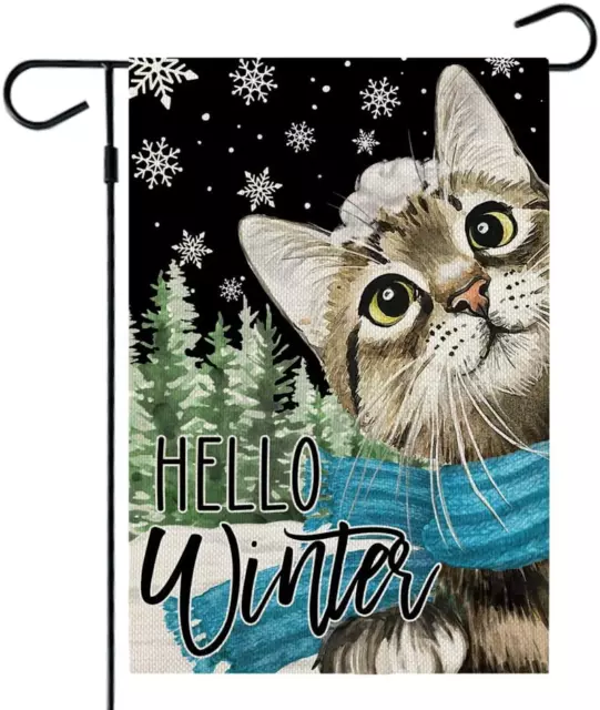 Hello Winter Snow Cat Garden Flag 12X18 Inch Small Double Sided Yard Decorative