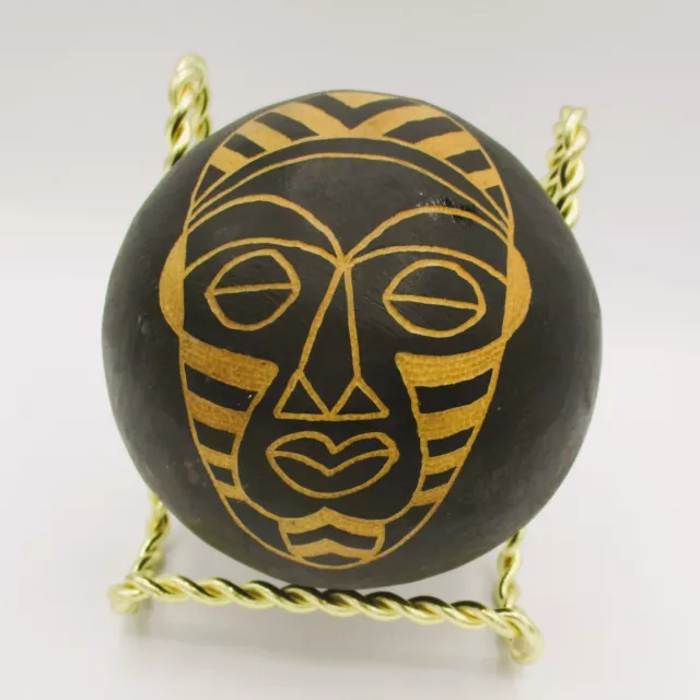 Vintage African Dried Gourd Tribal Mask Hand Carved Painted with Rattle