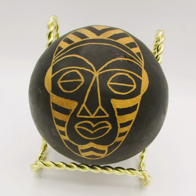 Vintage African Dried Gourd Tribal Mask Hand Carved Painted with Rattle