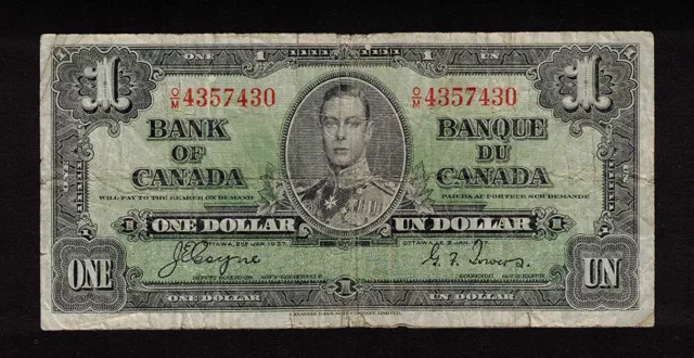 1937 O/M $1.00 BC-21d VG+ Short Printed COYNE Canada KEY George VI One Dollar