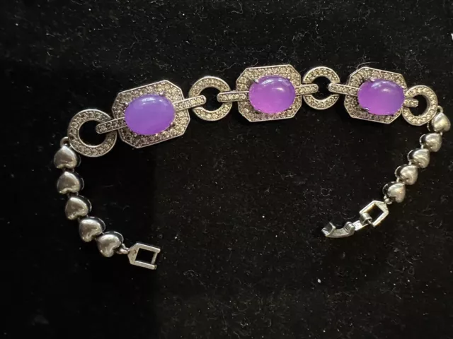 Vintage Purple Jade Bracelet Silver Hearts Chain  With Clear Gems 7.5” Art Deco