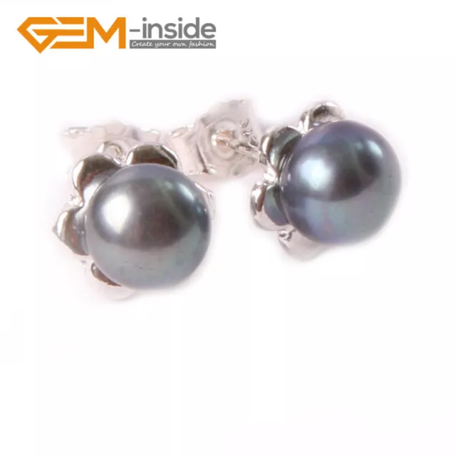 Earrings For Women Freshwater Pearl Beads White Gold Plate Flower Frame Stud 6mm