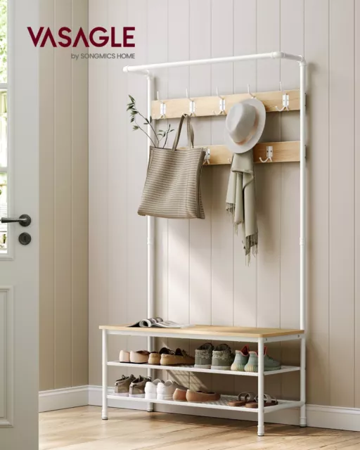 Coat Rack Large Hall Tree Bench and Shoe Storage 9 Hooks Oak and White HSR047W09