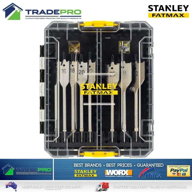 Spade Drill Bit Set Stanley Fatmax 8pc Wood Flatwood 12mm to 32mm Kit Timber PRO