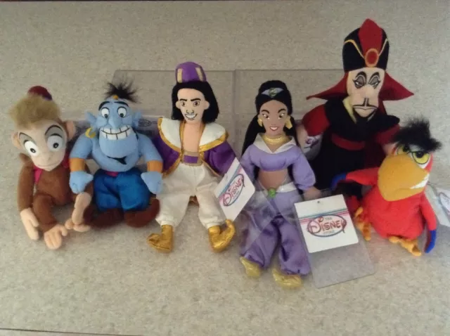 LOT OF 6 Disney Store Bean Bag Plush Aladdin, Genie, Jasmine, Jafar ...