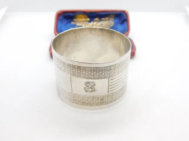 Sterling Silver 'S' Initial Engine Turned Napkin Ring Antique 1920 Birmingham