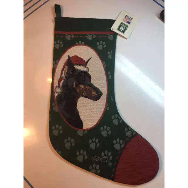 Doberman Pinscher Dog Christmas Stocking Red Green Paw Print Picken 19" New