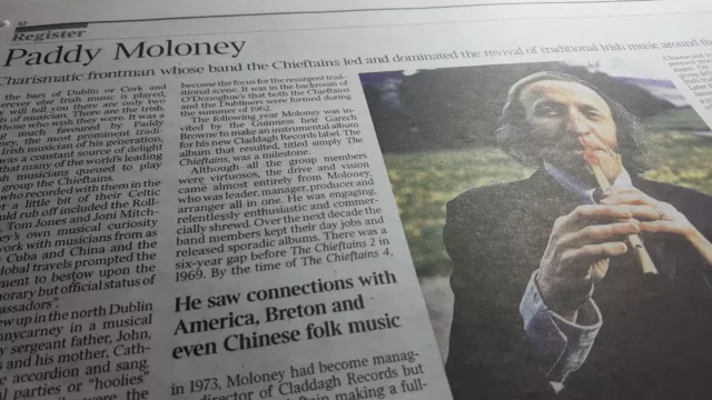 PADDY MOLONEY. Times Obituary. THE CHIEFTAINS. UK newspaper cutting 15.10.21