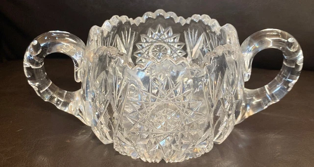 Vintage American Brilliant ABP Two Handled Sugar Bowl Stars Hobnail Sawtooth