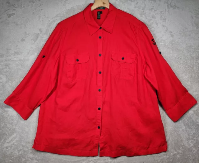 Lauren Ralph Lauren Shirt Women Plus 2X Red 100% Linen Slit Collared Button Down