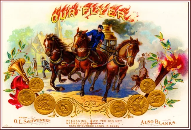 1895 Our Flyer Fire Fighters Smoke Vintage Cigar Tobacco Box Crate Label Print