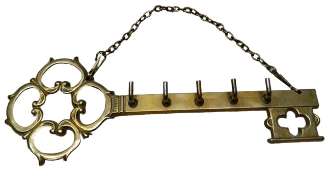 Vintage Style Brass Key Holder Wall Hanger Hook 8" Long with 5 Hooks for Hanging