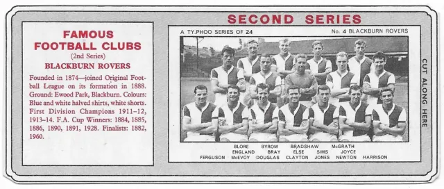 BLACKBURN ROVERS #4 2nd Series 1963 Famous Football Club Typhoo Tea Card