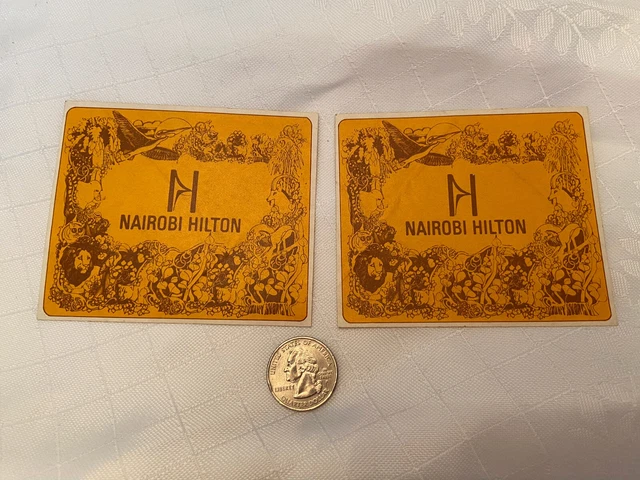 Vintage Pair of NAIROBI HILTON Stickers / Luggage Tags Lion Monkey Foliage