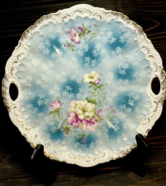 Weimar Germany Porcelain Blue Floral Tray w/ Handles Hand Painted c. Late 1800’s