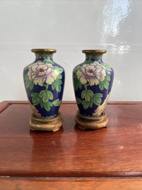 Pair Of Vintage Chinese Cloisonne Enamel and Bronze 10.5cm Vase Wooden Stands