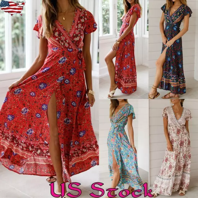 Womens Boho Floral V-Neck Long Dress Summer Beach Slit Holiday Swing Sundress