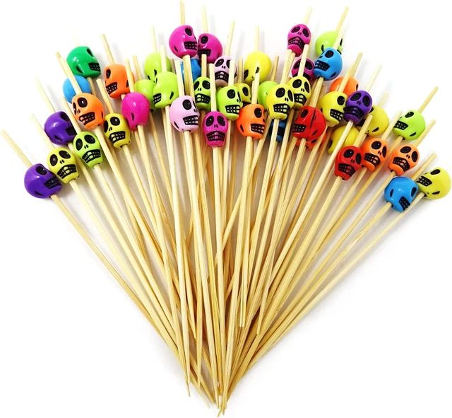 100PCS Bamboo Skull Cocktail Picks Toothpicks Cocktail Fruit Sticks Sandwich App