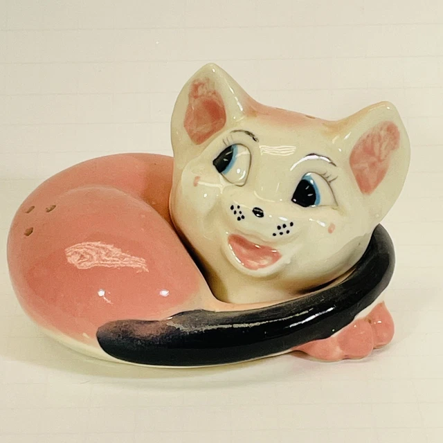 VINTAGE ANTHROPOMORPHIC PINK Cat Salt Pepper Shakers Removable Head