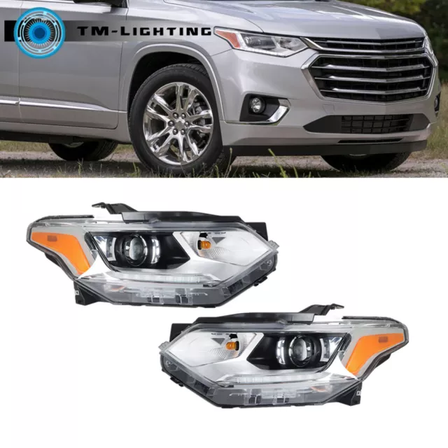 Pair Headlight For Chevy Traverse 2018-2021 HID/Xenon LED DRL Chrome Headlamp