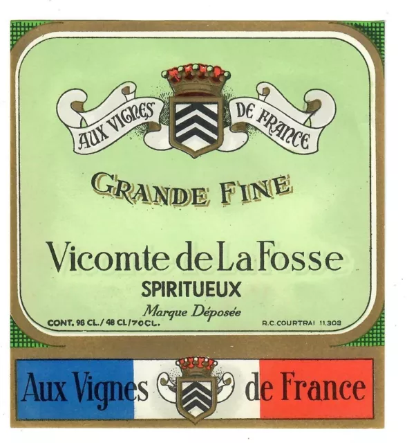 France Old Decorated Wine Label Grande Fine Vicomte De La Fosse Vignes De France