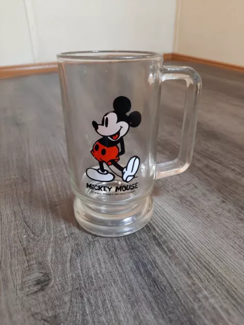 Vintage Mickey Mouse Handled Clear Glass Mug Cup Stein Walt Disney Productions