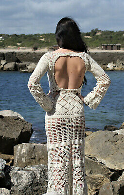 Vestito Lungo Donna Uncinetto Bianco Avorio Estivo Boho Crochet Summer Dress XS
