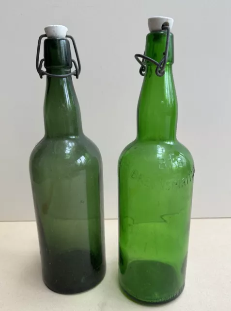 2Stk. Alte Glasflasche BFB Brennspiritus Bier antik grün 20erJahre Bügelflasche