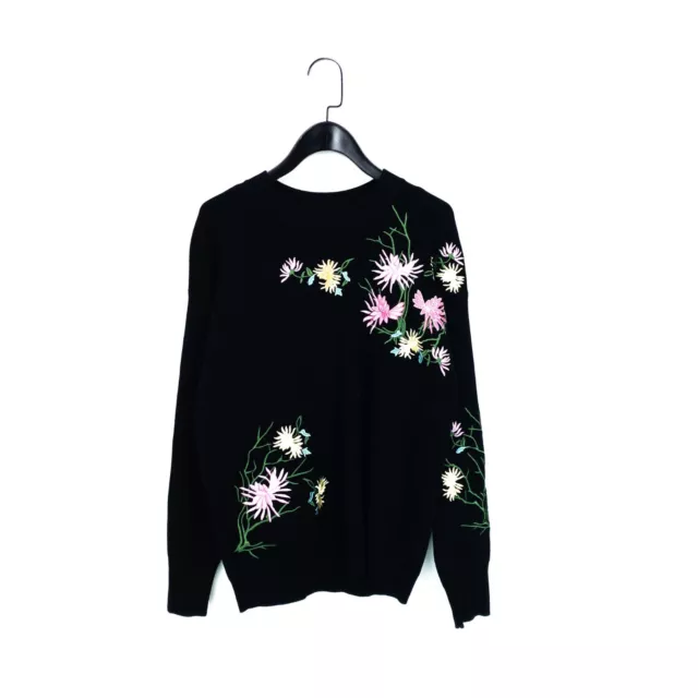 Topshop Black Pink Green Floral Embroidered Tight Knit Crew Neck Jumper - Size 4
