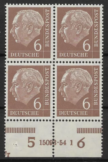 Bund 1954 ** Mi 180 Theodor Heuss 6Pf im Viererblock 4er Unterrand UR HAN 03743C