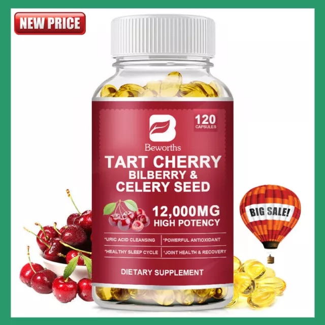 100% Organic Tart Cherry Capsules 12000mg Joint & Sleep Support, High Strength~