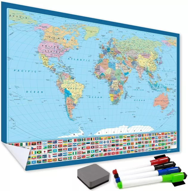 Laminated Map of the World with Flags, Large + Sticky Back Wall Poster Art Print