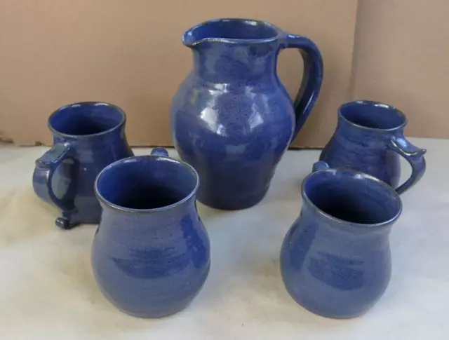 Blue Studio Pottery Jug and 4 mugs- 17cm tall jug - 9.5cm tall mugs