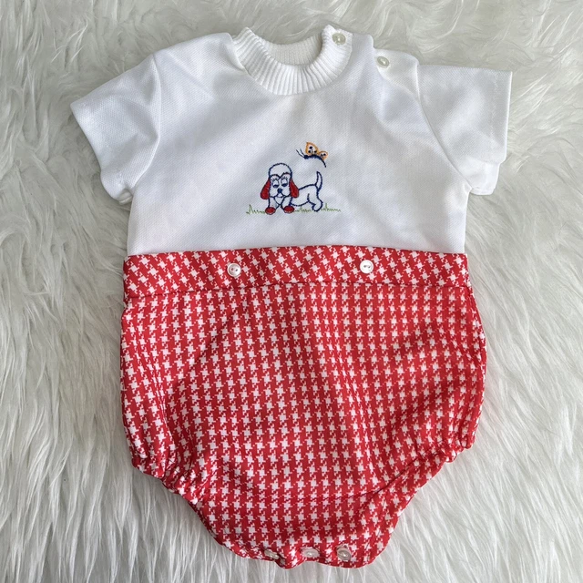 Gilet vintage Adams taglia 0-6 mesi sgabello da segugio cane da ricamo bianco rosso