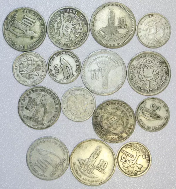 Guatemala 15 Silver coins 10 & 5 Centavos Quetzal 1929-1960