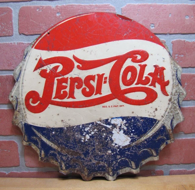 Pepsi Cola Double Dot Bottle Cap Original Old Embossed Metal Soda Ad Sign