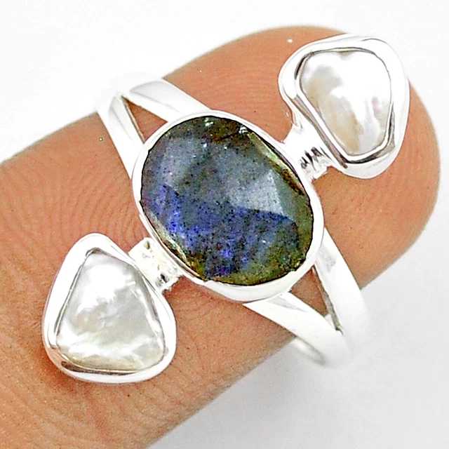 Hand Carved 6.82cts Checker Cut Natural Labradorite Pearl Ring Size 8 U26144