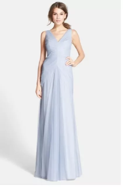 Monique Lhuillier Bridesmaids V-Neck Shirred Tulle Gown (size 12)