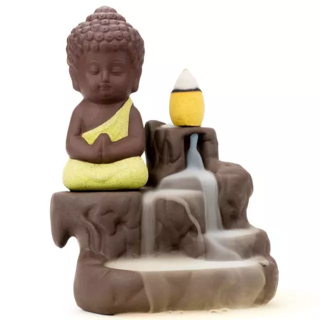 Ceramic Backflow Waterfall Incense Burner Holder Buddha Little Monk With Cones