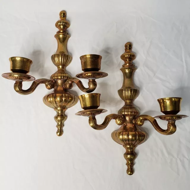 Pair Vintage Brass Wall Candle Sconces Two Arm Heavy