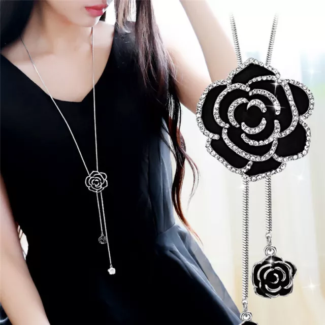 Black Rose Flower Long Pendant Necklace Sweater Chain Crystal Women Jewelry G-tz