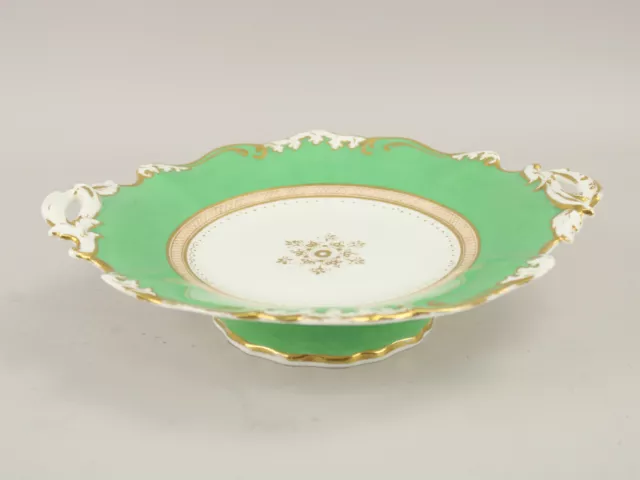 Antique Porcelain Cake Stand Pedestal Footed Handled Green Gold Gilt