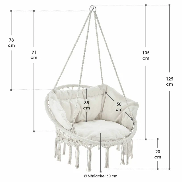 Hängesessel Hängeschaukel Hängekorb Hängestuhl Hängesitz 120 kg Kissen Juskys® 3