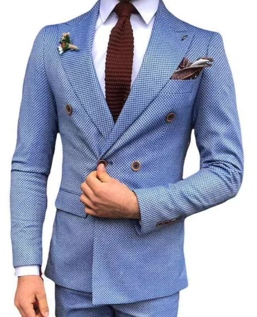 De Diseño Doble Serie Traje Azul Blanco a Cuadros Traje Entallado Slim Fit