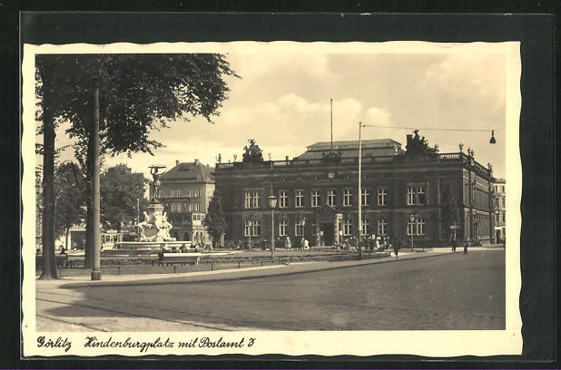 Görlitz, Ansichtskarte, Hindenburgplatz mit Postamt 3 1943