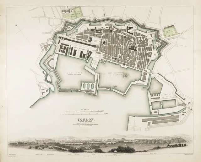 Toulon gravure city map plan engraving Stadtplan Karte SDUK 1840