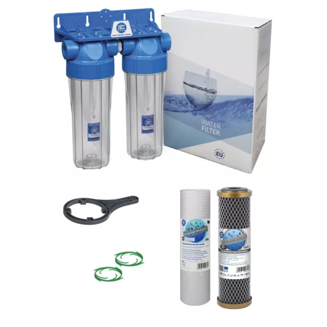 2 Stage Whole House High Flow Water Filter Dechlorinator Chlorine Removal 3/4"